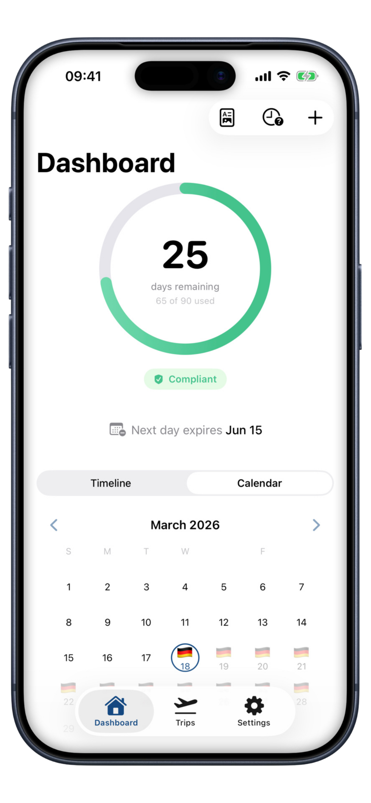 Entorii Schengen calculator app dashboard showing days used and remaining