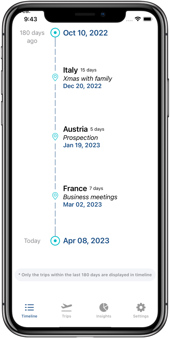 Schengen 90/180 day rule calculator app screenshot